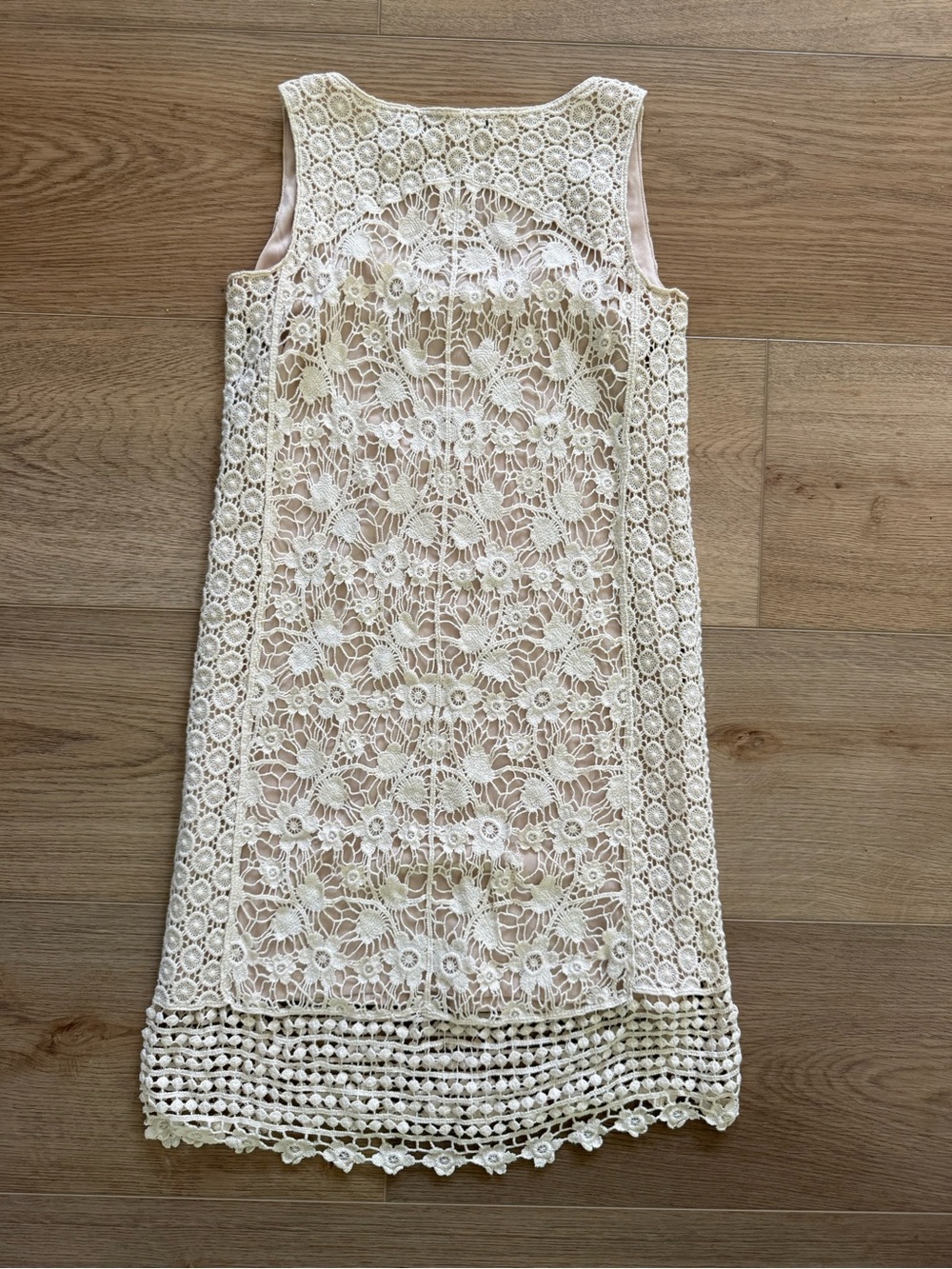 Crochet Lace Floral Boho Mini Dress Peer Tee Small Ivory 100% Cotton - Picture 2 of 5